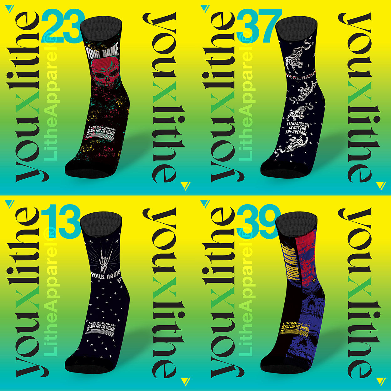 YOU X LITHE, CALCETINES PERSONALIZADOS BLACK SKULL